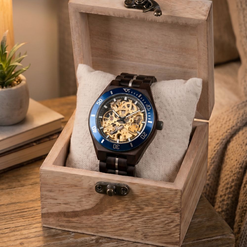 Watch with a blue and gold face in a wooden box on a wooden surface.