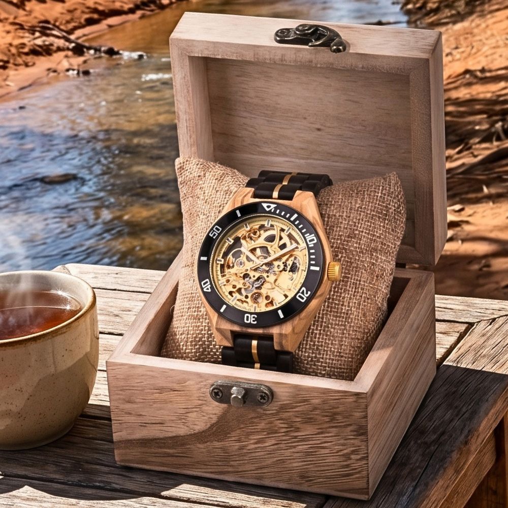 wood watch in gift box for men.