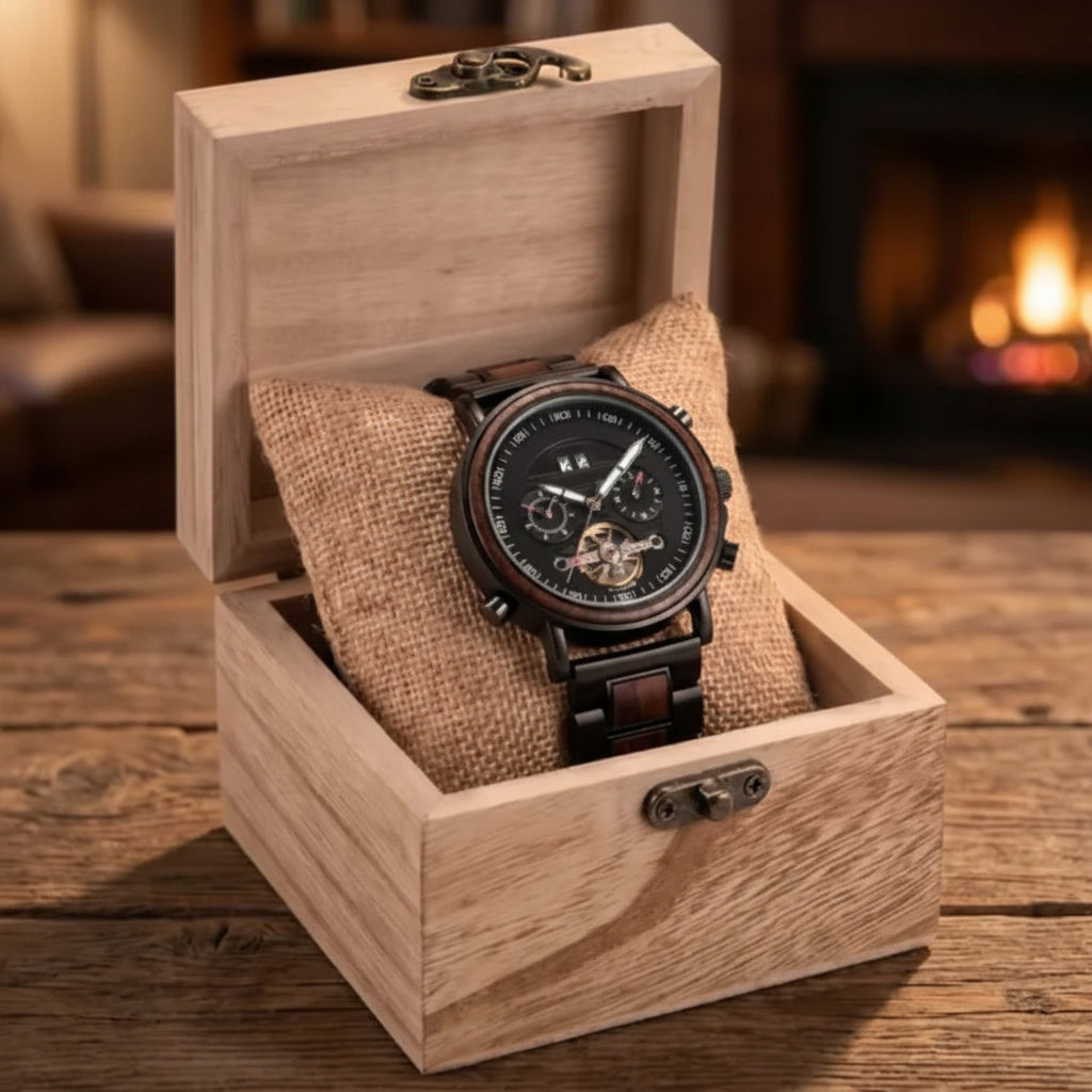 Wooden watch box with a black wristwatch on a wooden surface with a fireplace in the background
