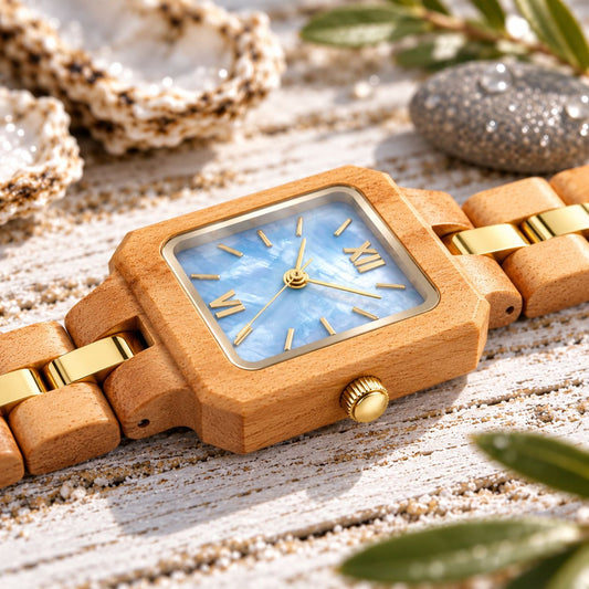 Close-up of The Blue Pearl's natural mother of pearl dial in misty blue
