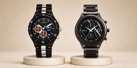 A Luminius wood watch standing beside a tree hut wood watch for comp