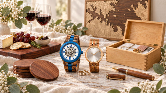 I display of wooden gift ideas for a fifth Australian wedding anniversary including wooden watches and pens and coasters and serving trays