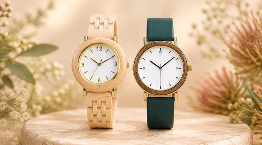 Leather strap watch and timber bracelet watch shown side by side for a comparison of warm-weather comfort