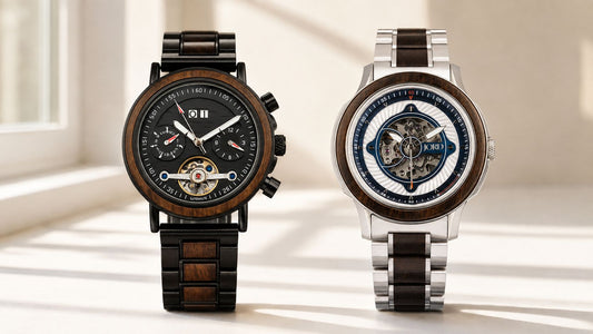 Jord vs Luminius wood watches Australia. Both watches are presented on a white table surface with bright morning light.