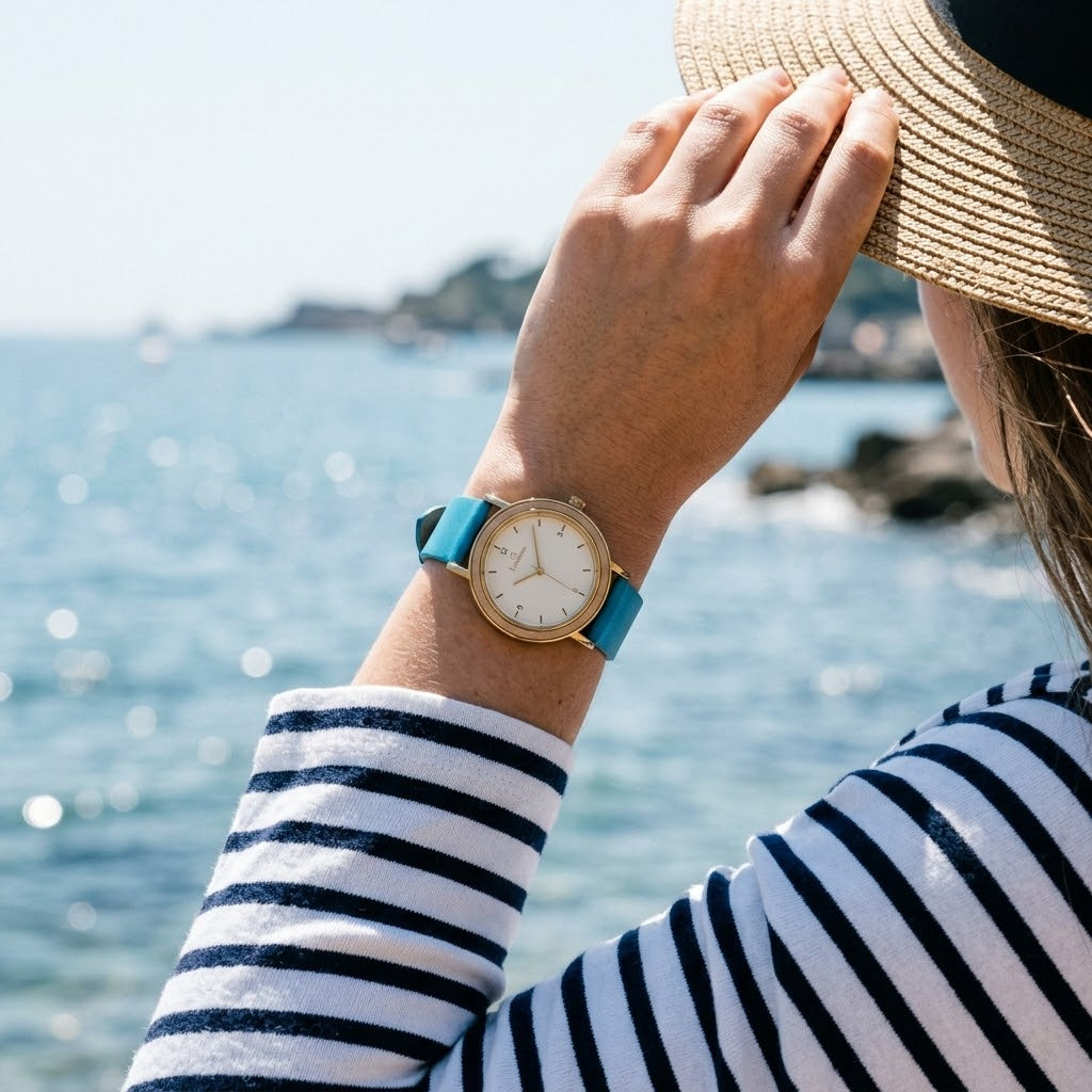 Woman wearing Luminius The Esperance oak wood watch with an ocean-blue leather band
