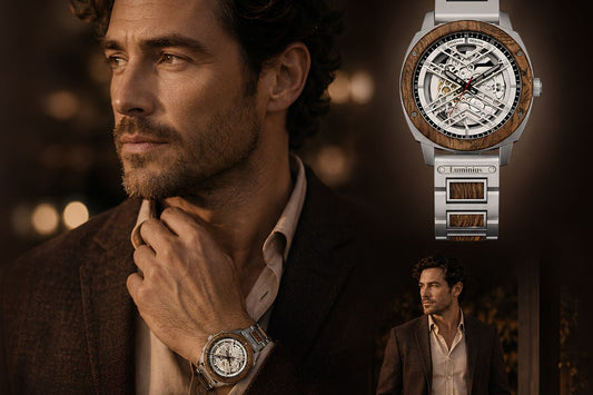 Comparing Luminius Wood Watches with other Australian brands. A man wearing a dinner outfit and an Antarctic wood watch