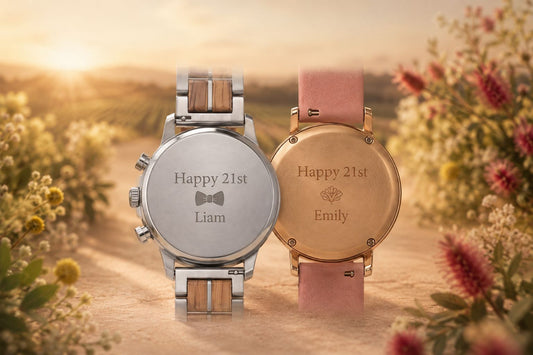 An image of a men's and a women's wouldn't watch with engraving design for 21st birthday celebration gift