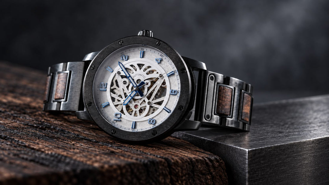 A wood watch combining natural timber with a stainless steel core