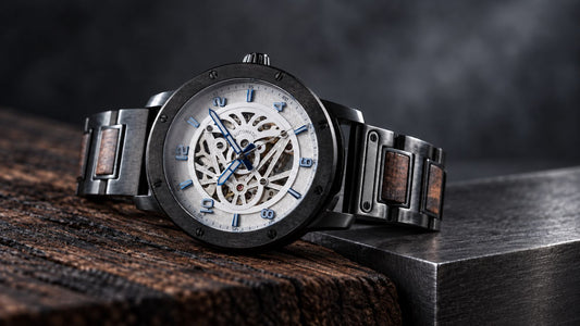 A wood watch combining natural timber with a stainless steel core