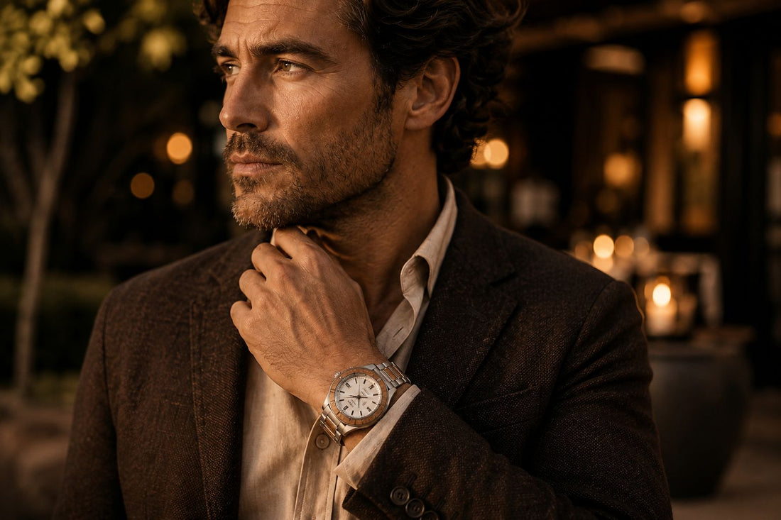 Comparing the best dress and fashion watches for men in Australia with a man showcasing the Antarctic wooden watch