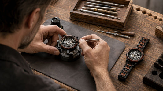 A guide to woodwatch lifespan care and maintenance showing a watchmaker assembling a mechanical woodwatch