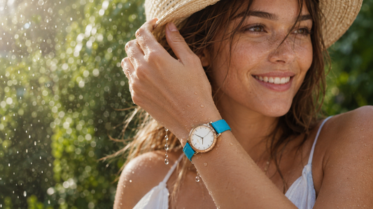 Young Australian woman wearing a Luminius Esperance wood watch in a light sunshower