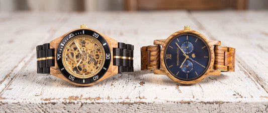 Wood watch display on table brand comparison woodwatch vs Luminius