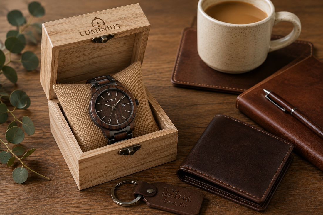 Personalised gifts for men in Australia including a Luminius wood watch in its wooden gift box with leather wallet and accessories
