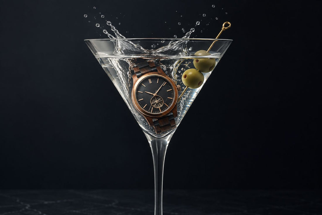 Wood watch submerged in a martini glass illustrating watch water resistance
