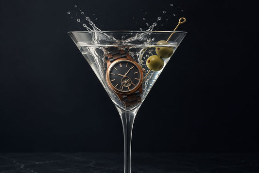 Wood watch submerged in a martini glass illustrating watch water resistance
