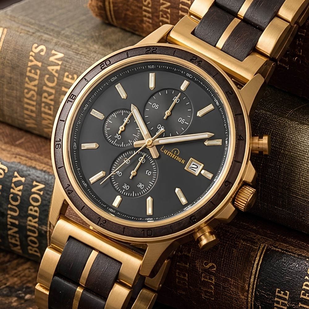 Gold-tone and black oak wood watch from American whiskey barrel. Chronograph watch with a black dial and wood-and-gold link bracelet, styled on top of vintage leather-bound books.