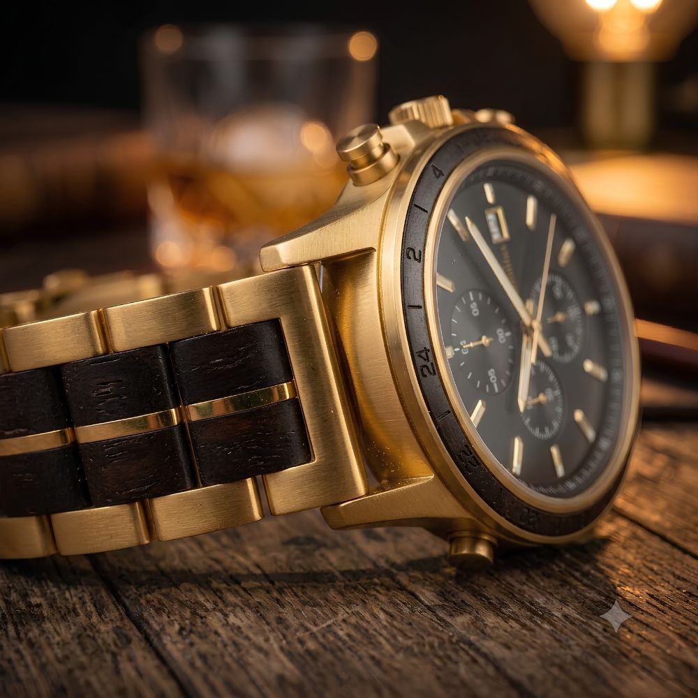 A luxury chronograph wood watch with a brushed gold-tone case and integrated whiskey barrel dark oak wood bracelet featuring dark wood inlays, resting on a rustic wooden table with a glass of whiskey in the background.
