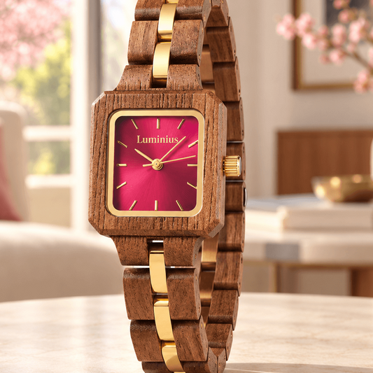 Front view of The Cherry women's walnut wood watch with sparkling cherry dial