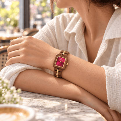 Woman in a white shirt wearing The Cherry slim wooden watch
