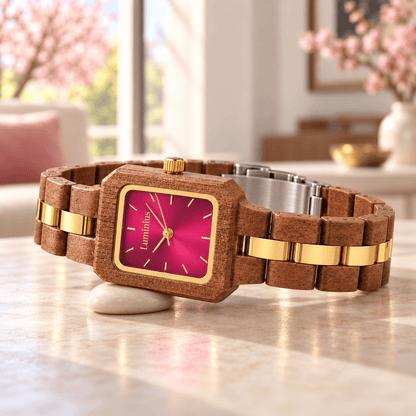 The Cherry Australian women's dress watch resting on its side, walnut and gold-tinted link band