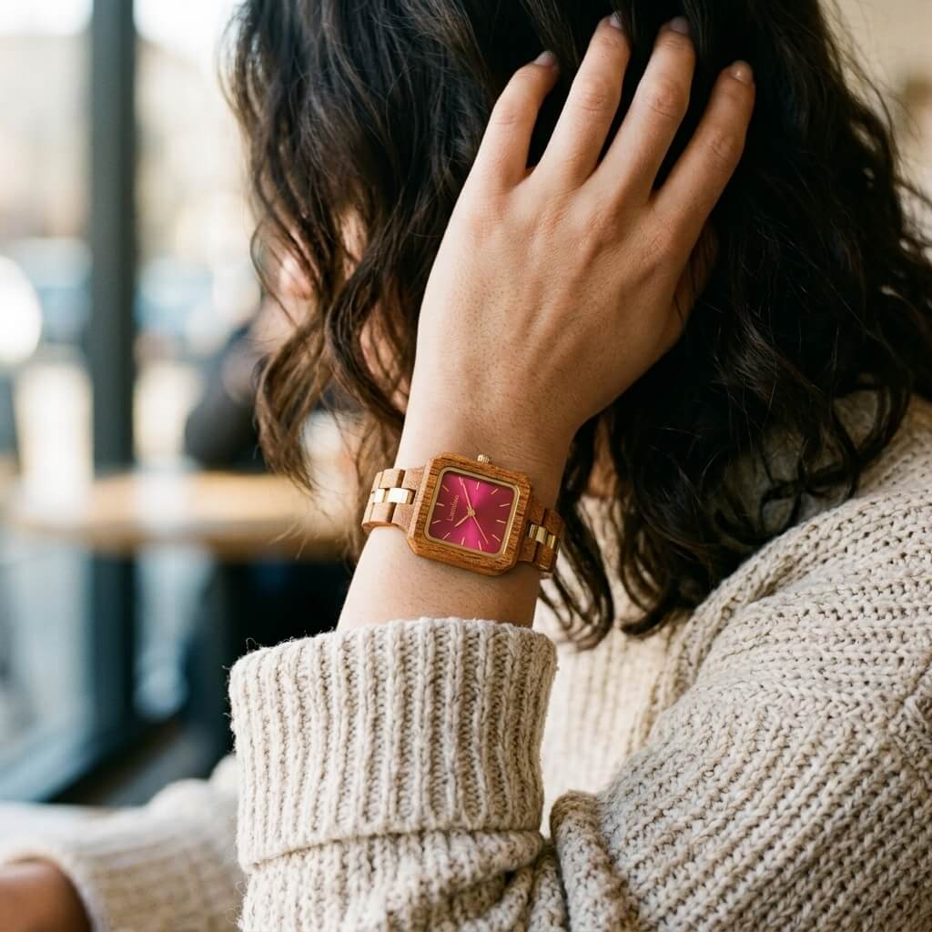 Woman in a knit jumper wearing The Cherry on a slender wrist