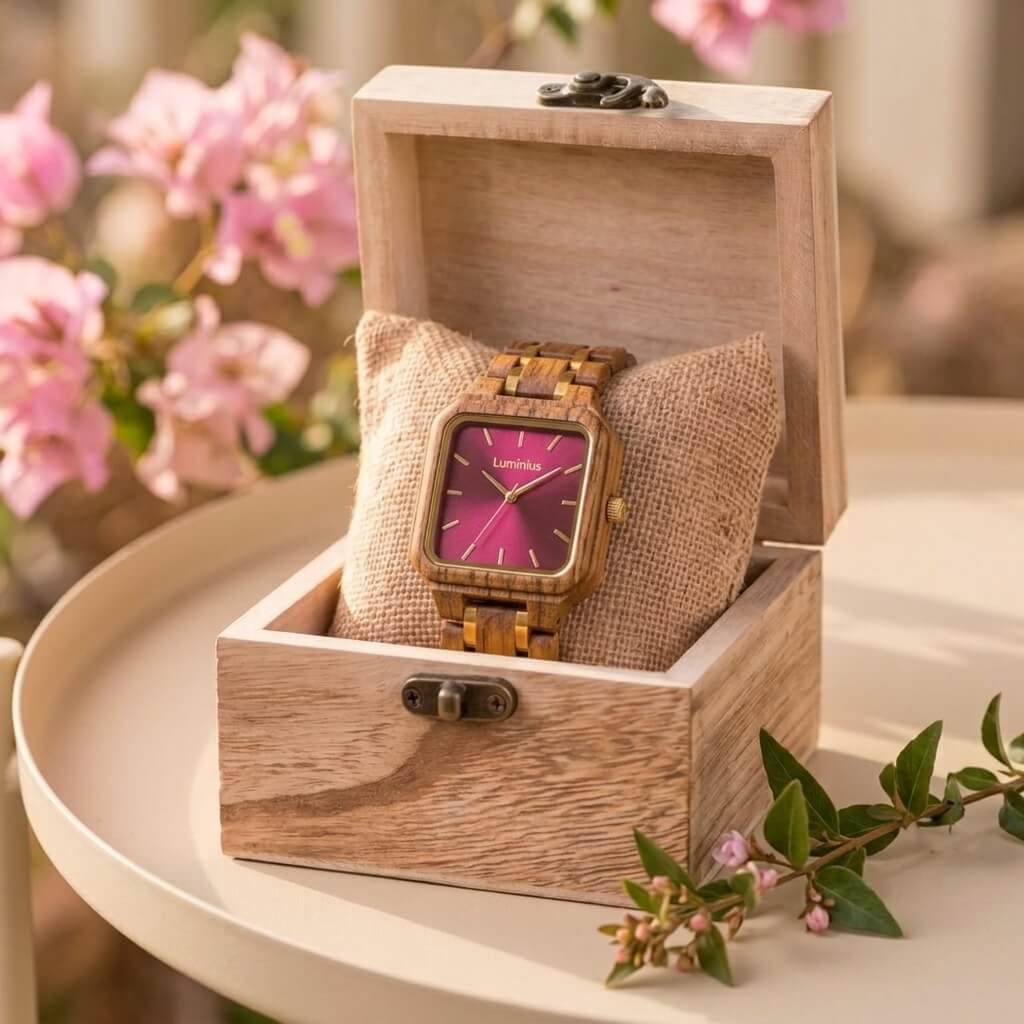 The Cherry in its wooden Luminius watch box with pink flowers