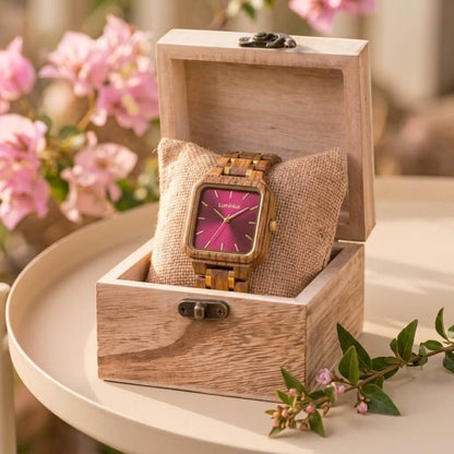 The Cherry in its wooden Luminius watch box with pink flowers