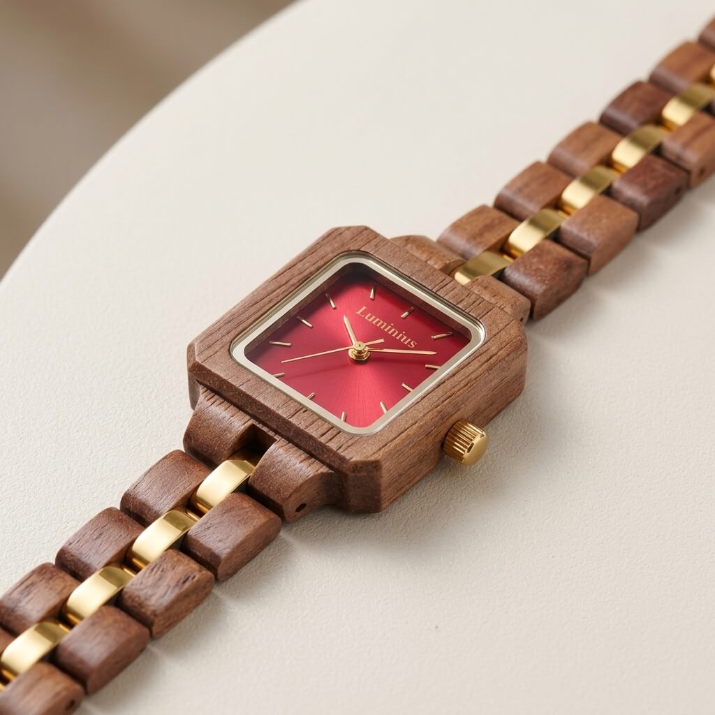 The Cherry lightweight wood watch laid flat on a cream surface