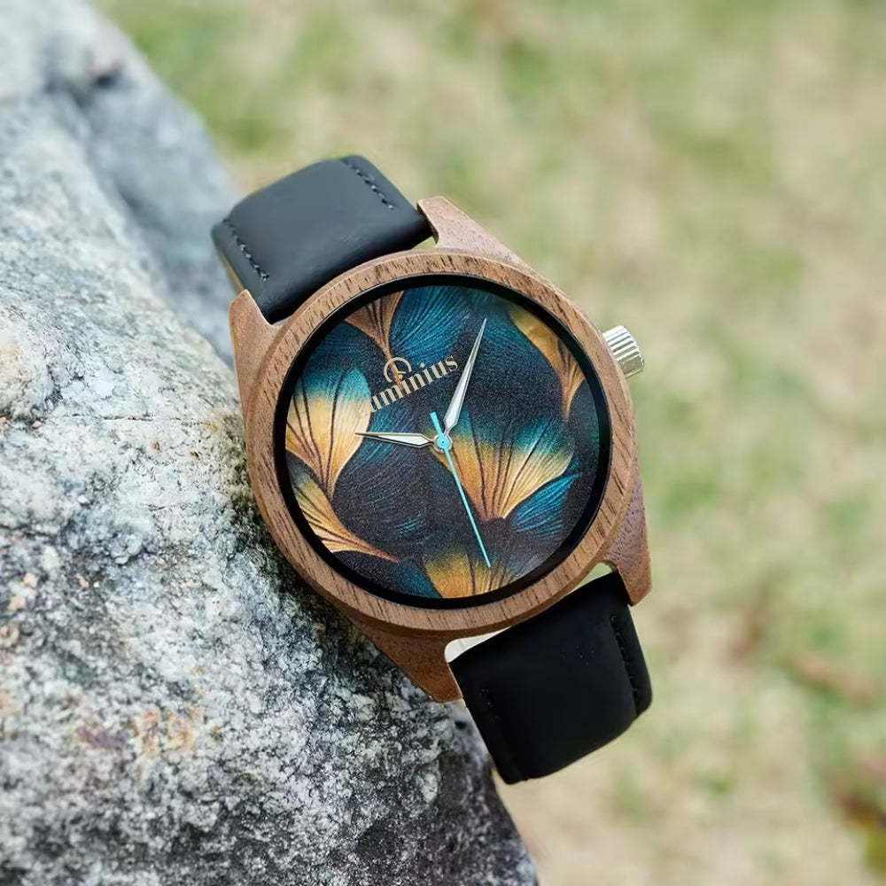 Eco-friendly and sustainable fashion wooden watch with leather strap.