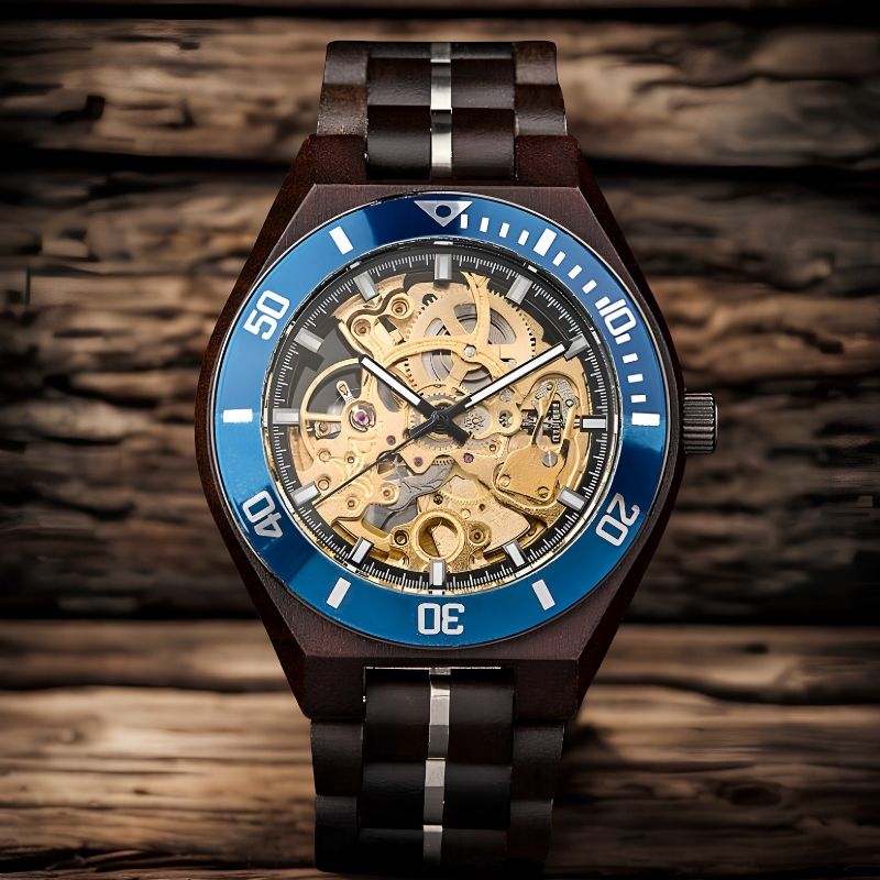 An automatic skeleton wood watch with a dark brown wood-tone case and strap, featuring a blue bezel and a gold-toned exposed mechanical movement on a rustic wooden background.