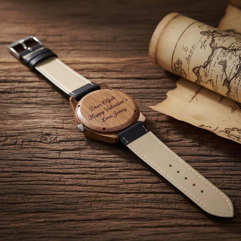 A personalized wooden watch face with a beige leather strap, displayed on a rustic wooden table next to an old map. The wooden dial is engraved with 'Dear Elijah Happy Valentine's Day, Love, Jenny'.