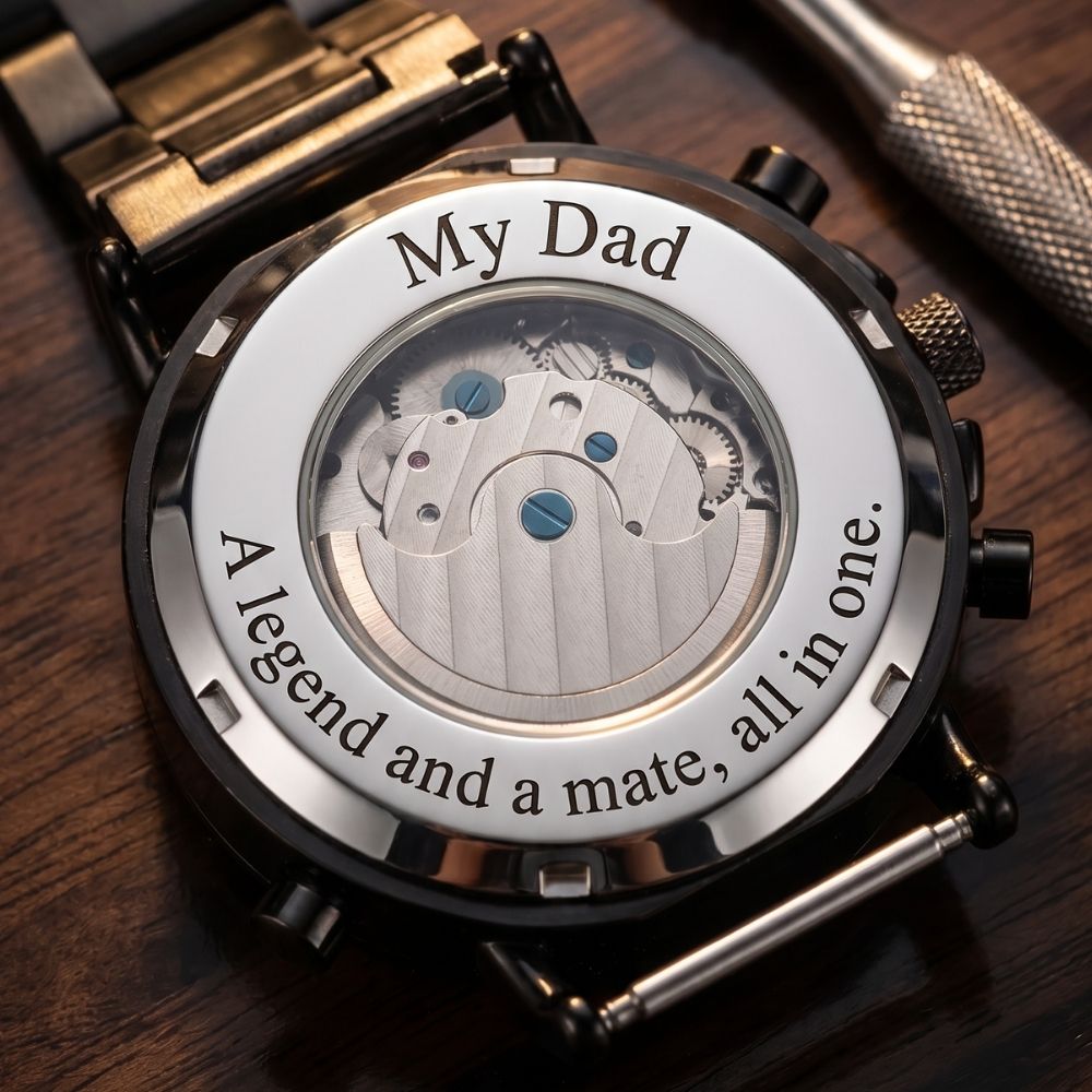 A close-up of a stainless steel wood watch back with engraved text reading 'My Dad' and 'A legend and a mate, all in one.' The transparent center reveals the mechanical movement, and the watch is placed on a dark wooden surface.