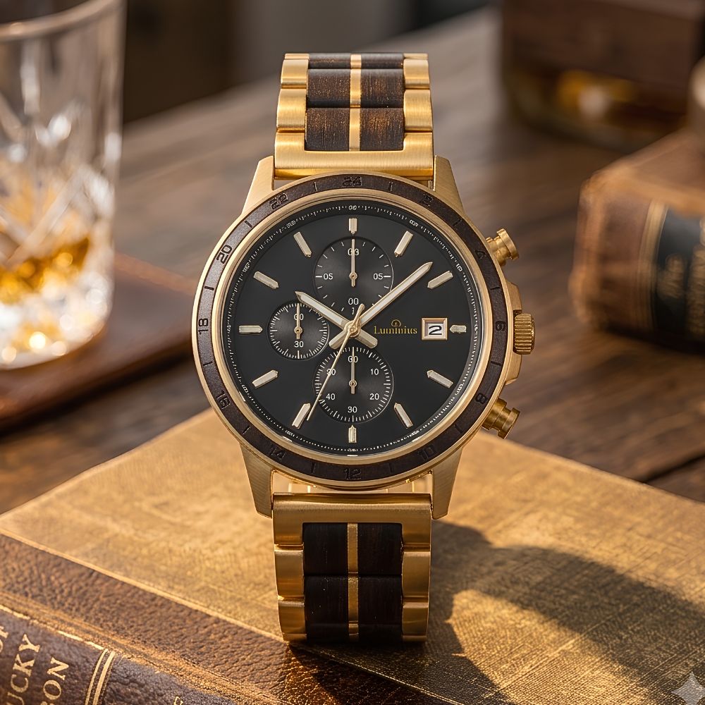 American oak and gold-tone wristwatch with a black dial and dark oak whiskey barrel inlays on the bracelet, displayed on an open book with vintage books and a glass of whiskey in the background.