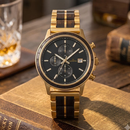American oak and gold-tone wristwatch with a black dial and dark oak whiskey barrel inlays on the bracelet, displayed on an open book with vintage books and a glass of whiskey in the background.