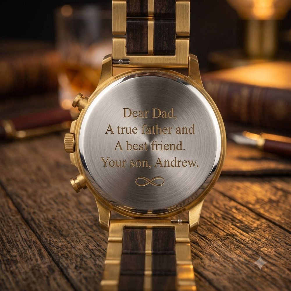 A gold-tone wooden whiskey barrel wristwatch with a dark oak wood patterned strap, shown from the back on a rustic wooden table. The brushed silver case back is engraved with a message for 'Dear Dad' from 'Andrew'.