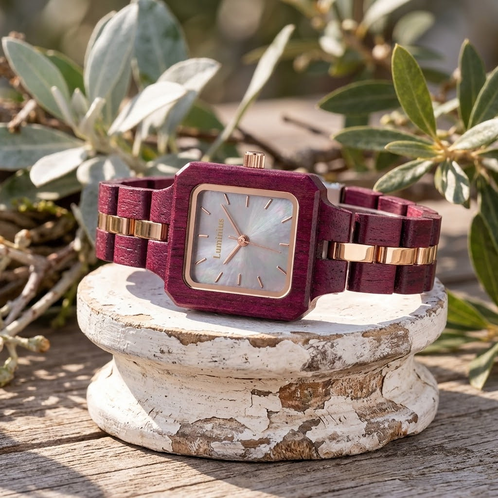 The Rosewood wood watch displayed on a stone pedestal with olive branches