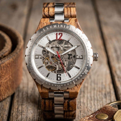 Australian men's Rodeo wooden watch sitting on a rustic wood table