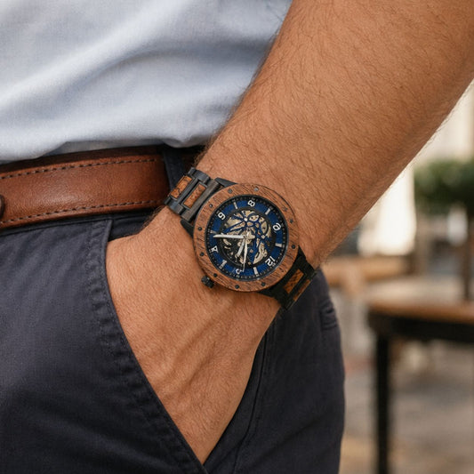 Australian men's wooden watch the Ulysses being worn by young man with his hand in his pocket