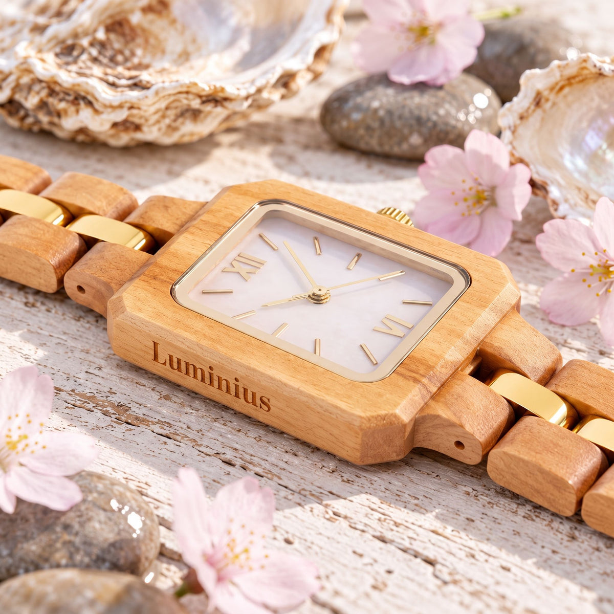 The Pink Pearl laid flat, showing the Luminius name on the olive wood case