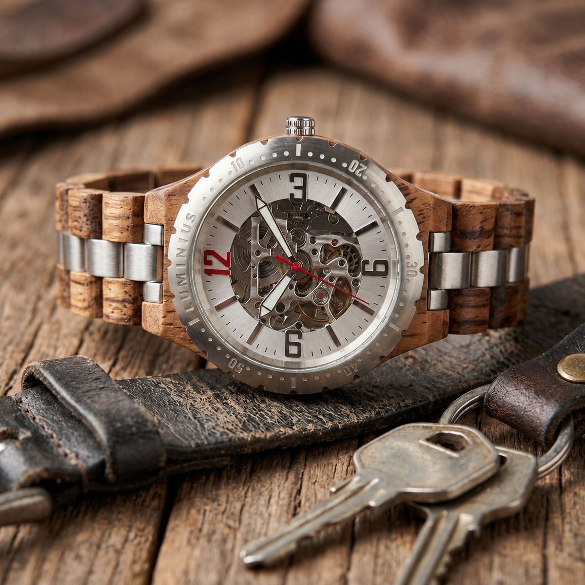 A wristwatch with a natural wood and silver metal link bracelet, a silver-tone case, and a skeleton dial showing the inner mechanical movement. The watch is styled on a rustic wooden table with a dark leather strap and keys in the foreground.