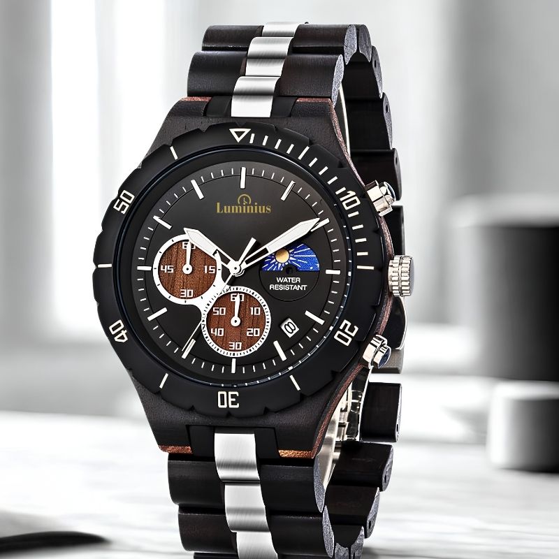 A Luminus men's watch with a black and silver metallic link bracelet, a black bezel, and a black dial featuring brown subdials and a moon phase indicator.