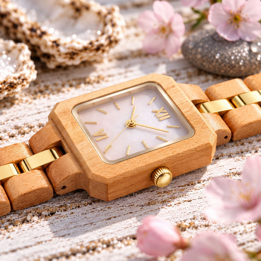 Close-up of The Pink Pearl's misty pink mother of pearl dial and gold-tinted crown
