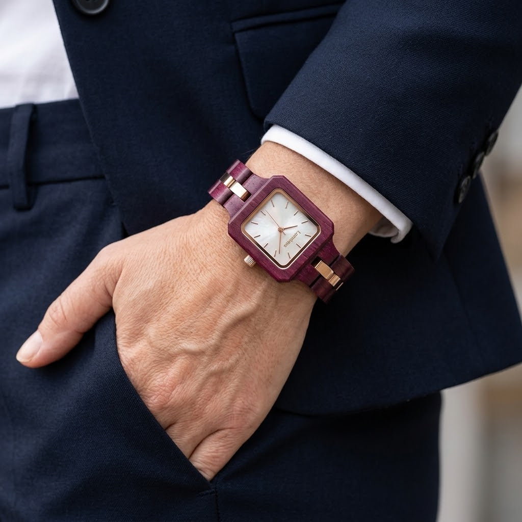 The Rosewood worn with a navy suit