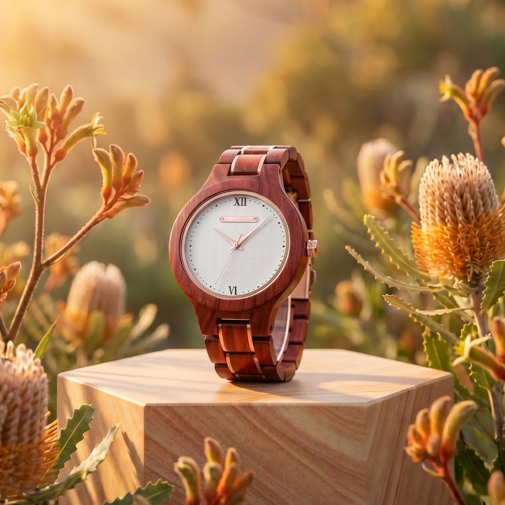 womens Wooden watch on a wooden stand with a natural background of plants