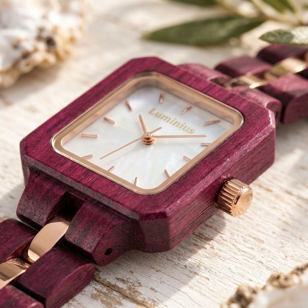 Close-up of The Rosewood's silvery pearl square dial and gold-tinted crown