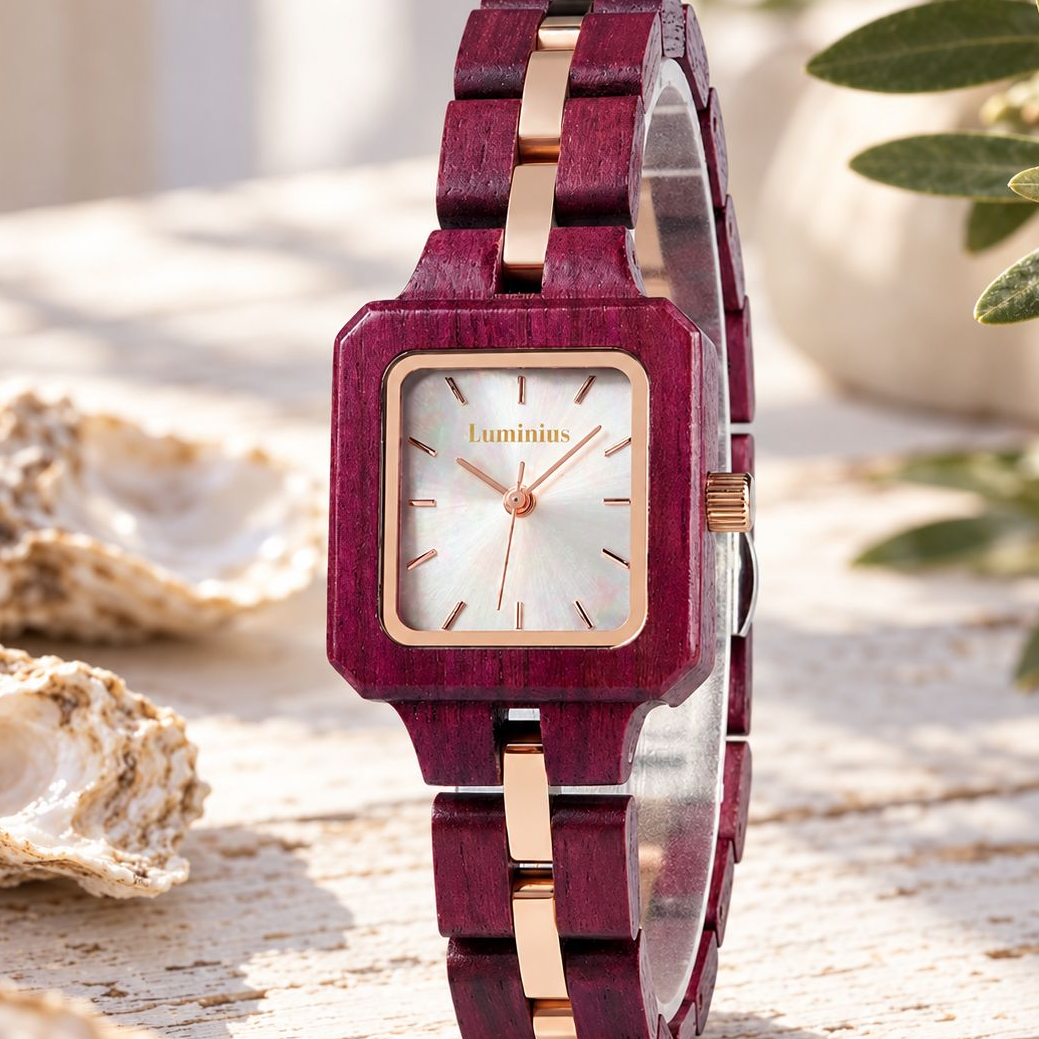 Front view of The Rosewood women's wood watch with silvery pearl dial