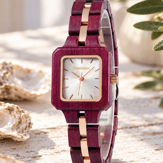 Front view of The Rosewood women's wood watch with silvery pearl dial