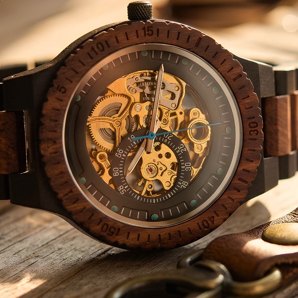 A close-up of a skeleton Australian men's wooden watch with a dark wood-pattern bezel, brown strap, and a highly visible gold-tone mechanical movement through the dial, resting on a wooden surface.