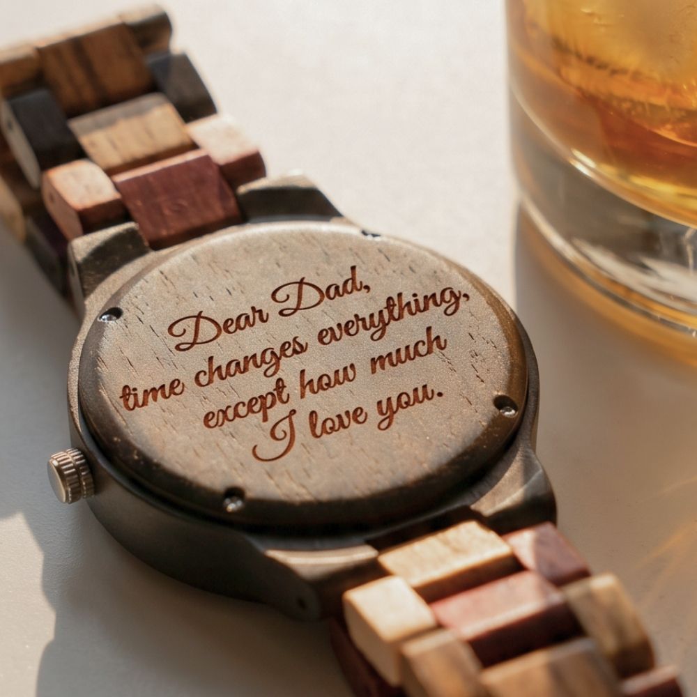A wooden link watch shown from the back with an engraved message for Dad, placed next to a glass of whiskey on a light surface.